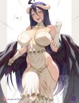  1girl :d ahoge albedo_(overlord) artist_logo artist_name arttoru bare_shoulders black_feathers black_hair black_wings blush breasts cleavage collarbone cowboy_shot demon_girl demon_horns demon_wings dress elbow_gloves feathered_wings feathers gloves hair_between_eyes highres hip_vent horns huge_breasts long_hair looking_at_viewer low_horns low_wings open_mouth overlord_(maruyama) patreon_username simple_background slit_pupils smile solo thighs very_long_hair white_dress white_gloves white_horns wings yellow_eyes 