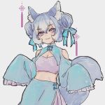  1girl animal_ear_fluff animal_ears blue_hair china_dress chinese_clothes dire_wolf_(kemono_friends) dress extra_ears grey_background highres kemono_friends kemono_friends_v_project long_hair looking_at_viewer pom384347 purple_eyes ribbon simple_background solo tail twintails virtual_youtuber wolf_ears wolf_girl wolf_tail 