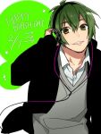  1boy black_jacket collared_shirt commentary_request dated green_eyes green_hair hagiwara_daisuke hair_between_eyes happy_birthday headphones hori-san_to_miyamura-kun iura_shuu jacket katagiri_senior_high_school_uniform long_sleeves looking_at_viewer male_focus open_collar school_uniform shirt short_hair smile solo teeth upper_body 