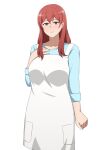  1girl apron blue_shirt blush breasts closed_mouth commentary_request crossed_bangs hall_onon hand_on_own_chest large_breasts long_hair looking_at_viewer mature_female original red_eyes red_hair shirt sleeves_rolled_up smile standing white_apron white_background 