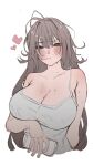  1girl absurdres bare_shoulders black_eyes blush breast_lift breasts brown_hair cleavage collarbone cup hair_in_own_mouth heart highres holding holding_cup kkachi_(limkkachi) large_breasts long_hair looking_at_viewer original solo tank_top white_tank_top 