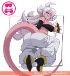  2022 artist_logo big_butt black_sclera boots breasts butt clothed clothing dessert dragon_ball eclair female food footwear genitals hair high_heeled_boots high_heels humanoid logo majin_android_21 pink_body red_eyes schpicy solo tail text underwear url white_hair 