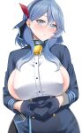  1girl absurdres ako_(blue_archive) areola_slip arind_yudha bell blue_archive blue_eyes blue_hair blush breasts center_opening cowbell gloves highres large_breasts long_sleeves looking_at_viewer smile solo 