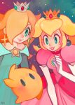  2girls blue_dress blue_eyes bright_pupils crown dress earrings elbow_gloves english_commentary eyelashes glitchedpuppet gloves hair_over_one_eye jewelry lipstick luma_(mario) makeup mario_(series) multiple_girls parted_lips pink_dress princess princess_peach rosalina sky smile star_(sky) starry_sky super_mario_galaxy white_pupils 