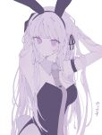  1girl animal_ears armlet arms_up bare_shoulders black_leotard black_ribbon breasts brown_necktie cleavage collarbone danganronpa:_trigger_happy_havoc danganronpa_(series) disembodied_limb fake_animal_ears fake_tail fishnet_pantyhose fishnets hair_ribbon highres kirigiri_kyoko large_breasts leotard long_hair necktie official_alternate_costume pantyhose pink_eyes playboy_bunny pote_(pote_39) rabbit_ears rabbit_tail ribbon simple_background solo tail translation_request white_background 