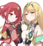  2girls blush breast_press breasts earrings headpiece highres holding_hands interlocked_fingers jewelry large_breasts long_hair looking_at_viewer multiple_girls pyra_(xenoblade) red_eyes red_hair short_hair smile swept_bangs symmetrical_docking taro_(peach_taro51) tiara xenoblade_chronicles_(series) xenoblade_chronicles_2 yuri 