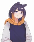  1girl :3 blue_hoodie blunt_bangs blush commentary highres hololive hololive_english hood hood_down hoodie ku_roiko looking_at_viewer medium_hair mole mole_under_eye multicolored_clothes multicolored_hair ninomae_ina&#039;nis orange_hair orange_hood pointy_ears purple_hair simple_background solo tentacle_hair two-tone_hair upper_body virtual_youtuber white_background 