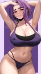  1girl absurdres arm_behind_back armpits arms_up boku_no_hero_academia bra brand_name_imitation breasts cleavage edmun half-closed_eyes hand_in_own_hair highres lady_nagant large_breasts looking_at_viewer mature_female medium_hair multi-strapped_panties multicolored_hair navel panties parted_lips pink_hair presenting_armpit purple_background purple_bra purple_eyes purple_hair purple_panties smile solo sports_bra stomach streaked_hair sweat thighs two-tone_hair underwear 