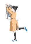  1girl absurdres black_hair black_socks coat commentary_request full_body hair_bun hair_ornament highres key_(kagibangou) leg_up orange_coat original poster_(object) shoes simple_background socks solo sweatdrop uwabaki wavy_mouth white_background 