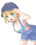  1girl 7stel2ar :3 absurdres adjusting_clothes adjusting_headwear aqua_bikini aqua_eyes bikini blonde_hair blue_headwear blue_overalls breasts fang halterneck hat highres looking_at_viewer medium_breasts memcho open_mouth oshi_no_ko overalls short_hair simple_background solo swimsuit white_background 