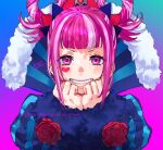  &gt;:) 1girl 91007 eyes_visible_through_hair facial_mark fire_emblem fire_emblem_engage flower gradient_background grin hair_rings hands_up heart heart_facial_mark hortensia_(fire_emblem) juliet_sleeves long_sleeves looking_at_viewer multicolored_hair pink_eyes pink_hair puffy_sleeves red_flower red_rose rose short_hair smile solo streaked_hair striped_sleeves teeth upper_body v-shaped_eyebrows white_hair 