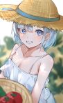  1girl absurdres bare_shoulders basket blue_eyes blush breasts camisole cleavage collarbone day food grey_hair hat highres holding holding_basket kaga_sumire looking_to_the_side outdoors ringozeri short_hair smile solo spaghetti_strap straw_hat teeth tomato virtual_youtuber vspo! white_camisole 
