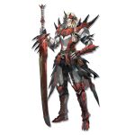 1boy arknights armor blonde_hair breastplate eye_mask full_body greaves hand_on_hip highres holding holding_sword holding_weapon male_focus medium_hair monster_hunter_(series) noir_corne_(arknights) official_art pouch rathalos_s_noir_corne_(arknights) ryuuzaki_ichi shoulder_armor smile solo standing sword transparent_background weapon 