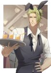  1boy achilles_(fate) animal_ears bartender black_bow black_bowtie black_vest border bow bowtie brown_eyes closed_mouth collared_shirt drink fake_animal_ears fate/grand_order fate_(series) green_hair hand_on_own_hip haruakira highres holding holding_tray looking_to_the_side male_focus muscular muscular_male rabbit_ears shirt short_hair tray undone_bowtie vest white_border white_shirt 