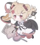  1girl :q animal_ears apron arknights arrow_(symbol) bear_ears bear_girl black_footwear black_jacket blonde_hair blue_dress blush candy_hair_ornament chibi commentary dress food food-themed_hair_ornament frying_pan full_body gummy_(arknights) gummy_(elite_ii)_(arknights) hair_ornament highres hocmiya holding holding_frying_pan holding_spatula jacket lollipop_hair_ornament looking_at_viewer pancake pantyhose red_eyes red_pantyhose road_sign short_hair sign simple_background solo spatula tongue tongue_out white_apron white_background 