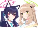  2girls animal_ear_fluff animal_ears aqua_necktie aqua_ribbon azumi_akitake blue_archive blush brown_hair cat_ears closed_mouth commentary_request green_eyes hair_ribbon halo lanyard long_hair looking_at_viewer multiple_girls necktie nonomi_(blue_archive) red_eyes ribbon serika_(blue_archive) simple_background smile twitter_username upper_body white_background 