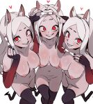  3girls absurdres animal_ears arm_warmers black_nails blush breasts cerberus_(helltaker) demon demon_girl demon_tail dog_ears heart helltaker highres holding multiple_girls nipples nude pregnancy_test pussy red_eyes smewed smile tail thighhighs triplets white_background white_hair 