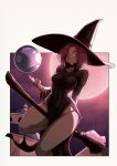  1girl aged_down baba_(dragon_ball) benoit_picard black_dress breasts broom broom_riding crystal_ball dragon_ball dragon_ball_(classic) dress hat highres large_hat looking_at_viewer medium_hair purple_hair smile solo witch witch_hat 