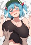 !? 1boy 1girl absurdres black_tank_top blue_eyes blue_hair blush breasts cleavage commentary_request flat_cap green_headwear groping hair_bobbles hair_ornament hat highres kawashiro_nitori large_breasts looking_at_viewer nagomian navel open_mouth pov pov_hands short_hair solo_focus sweat tank_top teeth touhou translation_request two_side_up upper_body upper_teeth_only white_background 