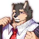  1boy animal_ears avatar_icon bara christory_yyb collared_shirt dog_boy dog_ears facial_hair furry furry_male goatee highres jacket light_blush live_a_hero looking_at_viewer male_focus mature_male muscular muscular_male necktie open_clothes open_jacket pubraseer_(live_a_hero) purple_eyes red_necktie salaryman sample_watermark shirt short_hair solo thick_eyebrows undressing upper_body 