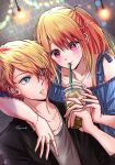  1boy 1girl :3 absurdres black_jacket blonde_hair blue_eyes blue_shirt blush bracelet brick_wall brother_and_sister collarbone commentary_request cup drinking drinking_straw drinking_straw_in_mouth dutch_angle earrings esora-arts grey_shirt hair_between_eyes heart highres holding holding_cup hoshino_aquamarine hoshino_ruby indoors jacket jewelry light_particles long_hair looking_at_another mismatched_pupils multiple_rings necklace off-shoulder_shirt off_shoulder one_side_up open_clothes open_jacket open_mouth oshi_no_ko partial_commentary pink_eyes ring shirt short_hair siblings sidelocks spoken_heart star-shaped_pupils star_(symbol) striped striped_shirt symbol-shaped_pupils twins upper_body vertical-striped_shirt vertical_stripes 
