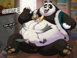  2023 anatid anseriform anserinae anthro avian balls bear belly big_belly bird black_body butt clothing detailed_background dreamworks duo eating erection food genitals giant_panda goose hat headgear headwear hi_res inside kung_fu_panda leonthelionel li_shan_(kung_fu_panda) male mammal moobs mr._ping overweight overweight_male penis sex sitting size_difference white_body 