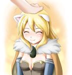  1girl ^_^ alchemist_(ragnarok_online) animal_ears blue_gloves breasts capelet cat_ears cleavage closed_eyes closed_mouth elbow_gloves fur_collar gloves gradient_background hair_between_eyes kanzuki_yuu long_hair lowres magatama medium_breasts motion_lines petting ragnarok_online smile solo_focus strapless upper_body 