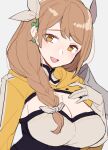  1girl bangs blush braid breasts brown_eyes brown_hair cleavage do_m_kaeru fire_emblem fire_emblem_engage gloves goldmary_(fire_emblem) hair_ornament large_breasts long_hair looking_at_viewer mole mole_on_breast open_mouth simple_background single_braid smile solo swept_bangs white_background white_gloves 