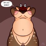  1:1 2023 anthro antlers areola artist_name belly big_areola big_belly big_breasts black_nose breasts brown_body brown_fur cervine colored deer dialogue digital_drawing_(artwork) digital_media_(artwork) ella_(gooeykazoo) english_text female fur genitals gooeykazoo hair hair_over_eyes hands_behind_head hi_res horn low-angle_view mammal markings navel nipples pink_nipples portrait pussy red_hair shaded simple_background smile smirk smirking_at_viewer solo speckled speech_bubble tan_body tan_fur tan_markings text thick_thighs three-quarter_portrait watermark white_markings 