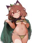  1girl ;) animal_ears bikini breasts brown_eyes brown_hair cape clothes_lift commentary_request futatsuiwa_mamizou hand_on_own_chest hands_up highres leaf leaf_on_head looking_at_viewer medium_breasts medium_hair navel one_eye_closed raccoon_ears raised_eyebrow shirt_lift shortstack simple_background smile solo swimsuit touhou underboob v-shaped_eyebrows white_background yoshiyuki_(14330975) 