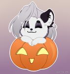  anthro big_ears canid canine canis chibi embarrassed eyes_closed female food fruit hair helluva_boss hi_res jack-o&#039;-lantern long_hair loona_(helluva_boss) magic mammal piercing plant pumpkin smile solo volodyanocturne white_hair wolf 