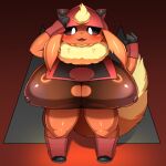  anthro big_breasts black_nose blush breasts carpet cleavage_cutout clothing ears_down eeveelution fangs female flareon floor full-length_portrait fur generation_1_pokemon gesture glistening glistening_body glistening_clothing hat headgear headwear hi_res huge_breasts looking_at_viewer nintendo nipples obikuragetyan open_mouth orange_body orange_fur pivoted_ears pokemon pokemon_(species) portrait salute short_stack smile solo tail team_magma teeth thick_thighs tight_clothing translucent white_eyes yellow_body yellow_fur 