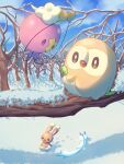  branch bright_pupils brown_eyes buneary cloud commentary_request day drifloon footprints highres mokukitusui no_humans open_mouth outdoors pachirisu pokemon pokemon_(creature) rowlet shadow sky snow white_pupils winter 