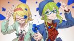  2girls blonde_hair blue-framed_eyewear blue_flower blue_headwear blue_jacket cardigan closed_eyes flower green_eyes green_hair gumi highres indigo_(flower) indigo_flower_(vocaloid) jacket kagamine_rin multiple_girls open_clothes open_jacket red-framed_eyewear short_hair smile swept_bangs vocaloid wounds404 yellow_cardigan 