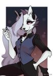  2023 absurd_res anthro canid canid_demon chest_tuft cigarette demon female fur hair hand_in_pocket hellhound helluva_boss hi_res hitsujinu long_hair looking_at_viewer loona_(helluva_boss) mammal notched_ear pockets pupils red_sclera signature slit_pupils tuft white_body white_eyes white_fur white_hair 