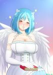  1girl animal_ear_fluff animal_ears blood blue_hair book book_on_lap braid breasts cleavage collarbone dress elbow_gloves feathered_wings gero_gw gloves huge_breasts moira_(nijisanji) nijisanji nosebleed short_hair solo sparkle twitter_username white_dress white_gloves white_wings wings 