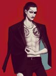  1boy abs bare_pectorals bella_scottland black_hair black_pants coat coat_on_shoulders collarbone cowboy_shot eyepatch gold_necklace irezumi jewelry long_hair looking_at_viewer majima_gorou male_focus necklace one-eyed open_clothes open_coat pants pectorals ponytail red_background ryuu_ga_gotoku_(series) ryuu_ga_gotoku_0 simple_background smile snake_print solo tattoo topless_male yakuza 