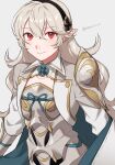  1girl armor blush cape commentary_request corrin_(female)_(fire_emblem) corrin_(fire_emblem) fire_emblem fire_emblem_fates grey_background grey_hair grey_shirt highres long_hair long_sleeves looking_at_viewer peach11_01 pointy_ears red_eyes shirt shoulder_armor simple_background smile solo upper_body very_long_hair 