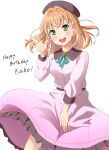  1girl birthday blush breasts character_name commentary dress green_eyes happy_birthday highres hinoshita_kaho link!_like!_love_live! looking_at_viewer love_live! medium_breasts medium_hair orange_hair pink_dress qy73 smile solo two_side_up upper_body white_background 
