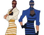 2boys balaclava blazer blu_spy_(tf2) blue_dress blue_eyes blue_gloves blue_jacket blue_mask brown_eyes claire_hummel commentary cropped_jacket crossdressing crossed_arms dress english_commentary facial_hair gloves hand_on_own_hip jacket lapels looking_at_another male_focus matching_outfits meme meme_attire multiple_boys official_art open_clothes open_jacket pectoral_cleavage pectorals red_gloves red_mask red_spy_(tf2) reverse_palettes sleeves_rolled_up spy_(tf2) striped striped_dress team_fortress_(series) team_fortress_2 teeth the_dress_(meme) white_dress yellow_dress 