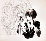  1boy 1girl angel angel_wings aya_carmine blush braid cigarette collared_shirt expressionless feathered_wings formal graphite_(medium) greyscale highres hitomi_hirosuke_(sayonara_wo_oshiete) holding holding_cigarette long_hair looking_at_another marker_(medium) monochrome neck_ribbon necktie pleated_skirt ribbon sayonara_wo_oshiete shirt short_hair side_braids simple_background sketch skirt smile smoking sugamo_mutsuki suit traditional_media upper_body very_long_hair wings 