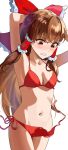  1girl aiueo_sakubun armpits arms_behind_head arms_up bikini blush bow breasts brown_eyes brown_hair clenched_teeth commentary_request cowboy_shot frilled_bow frilled_hair_tubes frills hair_between_eyes hair_bow hair_tubes hakurei_reimu highres long_hair looking_down medium_breasts navel red_bikini red_bow side-tie_bikini_bottom solo swimsuit teeth touhou v-shaped_eyebrows very_long_hair wardrobe_malfunction 