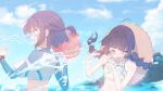  2girls bikini black_hair blue_archive blue_sky blurry blurry_background blush braid breasts closed_eyes cloud cropped_jacket day flat_chest hair_ribbon hat hat_around_neck jacket large_breasts leaf_print long_hair long_sleeves miyu_(blue_archive) miyu_(swimsuit)_(blue_archive) multiple_girls ocean open_mouth outdoors purple_hair ribbon saki_(blue_archive) saki_(swimsuit)_(blue_archive) seikimatsu_rori short_hair short_ponytail sky straw_hat swimsuit twin_braids water wet 