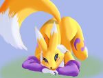  anthro armor bandai_namco bottom_up_top_down chest_tuft clothing digimon digimon_(species) female gauntlets gloves handwear long_ears looking_away nahadon playful raised_tail renamon smile solo tail tuft 