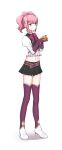  1girl alternate_costume anya_alstreim boots braid closed_mouth code_geass food fruit full_body gloves high_heel_boots high_heels highres jeremiah_gottwald long_hair looking_at_viewer midriff navel orange_(fruit) pink_eyes pink_hair simple_background skirt solo thigh_boots white_background yuuto_satosaki 