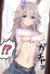  !? 1girl absurdres accidental_pervert belt blue_eyes blurry blurry_background blurry_foreground breasts casual clothes_lift commentary grey_hair hair_between_eyes hair_ornament highres horse_girl kusarigama_sshimi navel pov shirt_lift small_breasts solo thick_eyebrows translated umamusume undressing wonder_acute_(umamusume) 