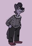  2020 anthro barely_visible_teeth big_nose biped black_bottomwear black_clothing black_pants bottomwear canid canine canis clothing digital_drawing_(artwork) digital_media_(artwork) esteban_(wolfnes) footwear full-length_portrait fur grey_body grey_clothing grey_fur grey_shirt grey_sweater grey_topwear hand_in_pocket hi_res looking_away looking_up male mammal pants pocketfurry pockets portrait purple_background purple_eyes red_clothing red_footwear red_shoes shirt shoes signature simple_background solo sweater tail topwear wolf 