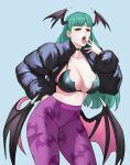  1girl alternate_costume bat_wings bikini bikini_top_only black_bikini black_choker black_jacket blue_background breasts choker cleavage commentary demon_girl english_commentary fangs green_eyes green_hair hand_on_own_hip head_wings jacket large_breasts long_hair long_sleeves looking_at_viewer meziosaur morrigan_aensland open_clothes open_jacket open_mouth pants purple_pants simple_background solo swimsuit tongue tongue_out vampire_(game) wings yoga_pants 
