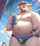  2023 aipangpangdeyua anthro areola babe_bunyan belly big_belly bovid bovine bulge cattle clothing duo hi_res humanoid_hands kemono lifewonders male mammal moobs nipples outside overweight overweight_male palm_tree plant solo_focus swimwear tokyo_afterschool_summoners tree young 