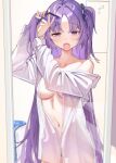  1girl adjusting_hair black_panties blue_archive blush breasts collarbone cowboy_shot fang highres large_breasts long_hair long_sleeves lookhow mirror mirror_image navel open_mouth panties purple_eyes purple_hair shirt skin_fang solo two_side_up underwear white_shirt yuuka_(blue_archive) 